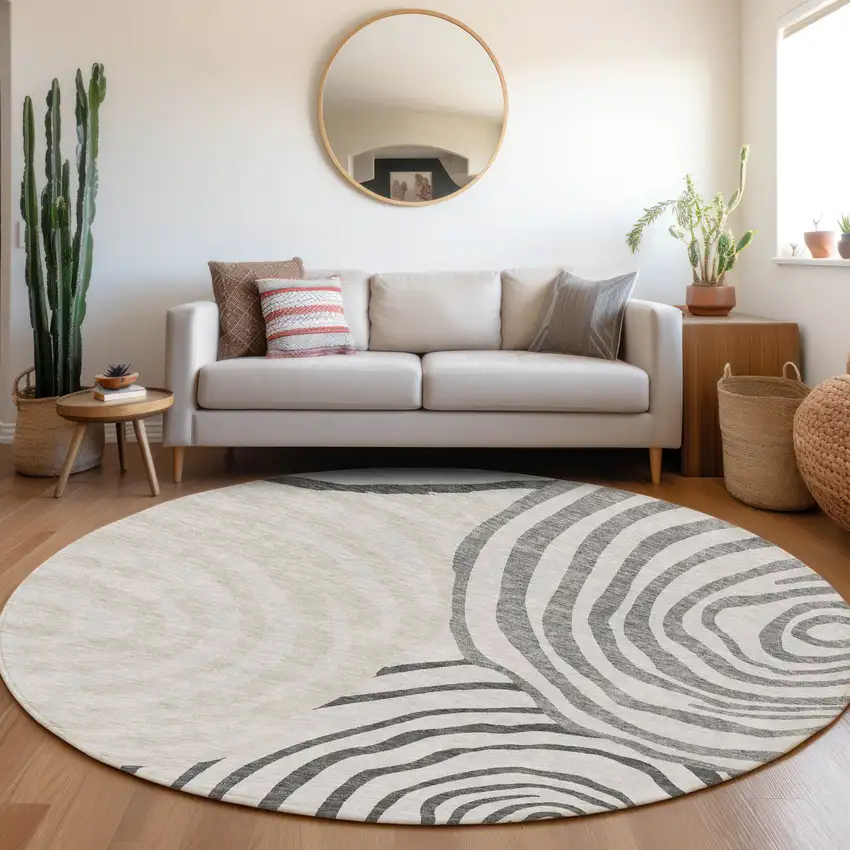 8' Gray Charcoal And Silver Round Abstract Washable Indoor Outdoor Area Rug Photo 7