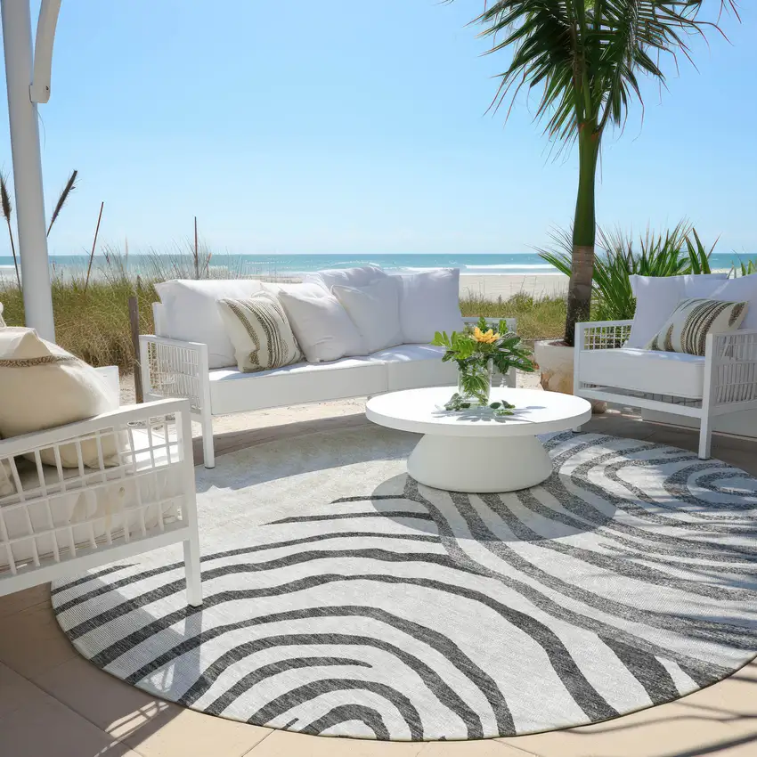 8' Gray Charcoal And Silver Round Abstract Washable Indoor Outdoor Area Rug Photo 6