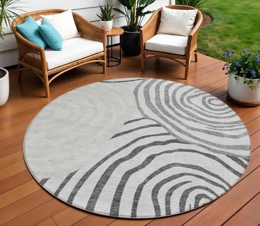 8' Gray Charcoal And Silver Round Abstract Washable Indoor Outdoor Area Rug Photo 1