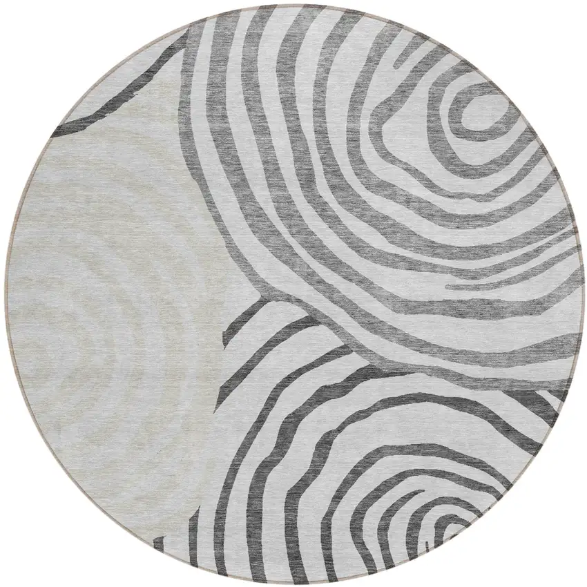 8' Gray Charcoal And Silver Round Abstract Washable Indoor Outdoor Area Rug Photo 1