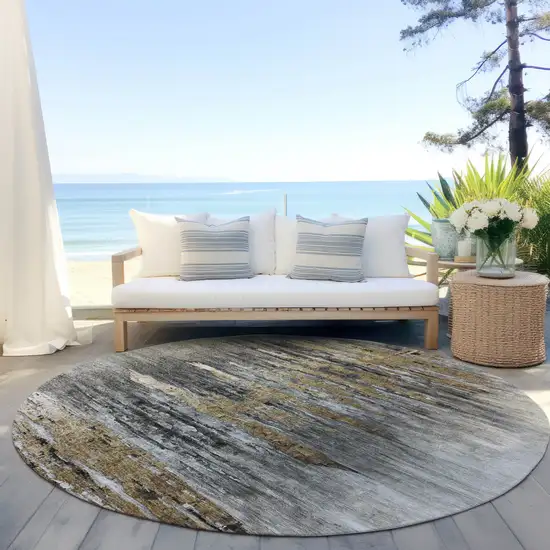 8' Gray Charcoal And Silver Round Abstract Washable Indoor Outdoor Area Rug Photo 7