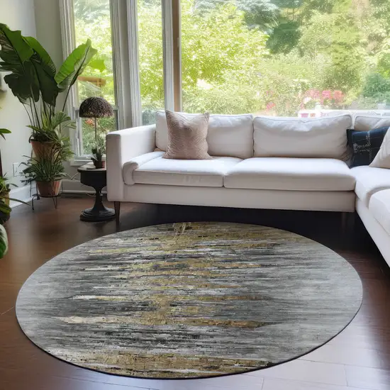 8' Gray Charcoal And Silver Round Abstract Washable Indoor Outdoor Area Rug Photo 8