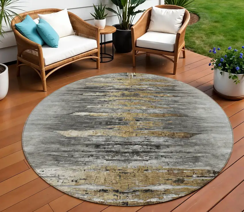 8' Gray Charcoal And Silver Round Abstract Washable Indoor Outdoor Area Rug Photo 1
