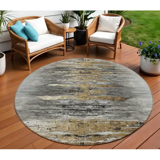 8' Gray Charcoal And Silver Round Abstract Washable Indoor Outdoor Area Rug Photo 1