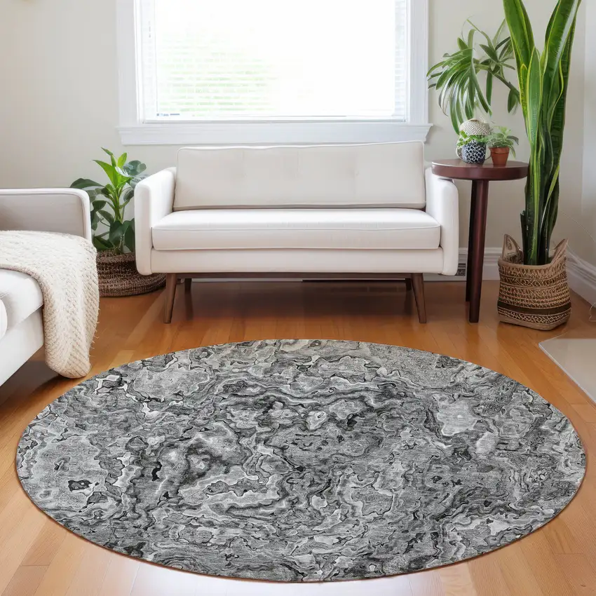8' Gray Charcoal And Silver Round Abstract Washable Indoor Outdoor Area Rug Photo 7