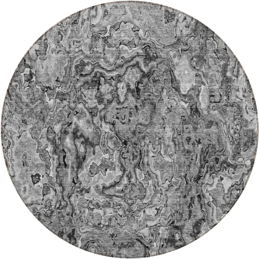 8' Gray Charcoal And Silver Round Abstract Washable Indoor Outdoor Area Rug Photo 2