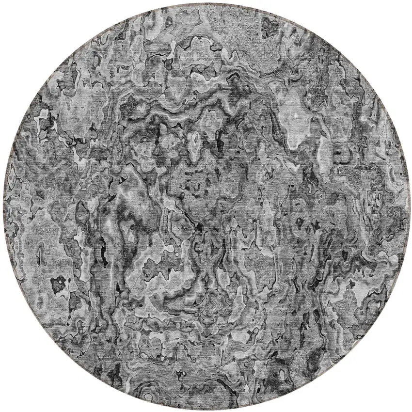 8' Gray Charcoal And Silver Round Abstract Washable Indoor Outdoor Area Rug Photo 2