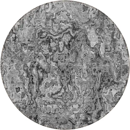 8' Gray Charcoal And Silver Round Abstract Washable Indoor Outdoor Area Rug Photo 2
