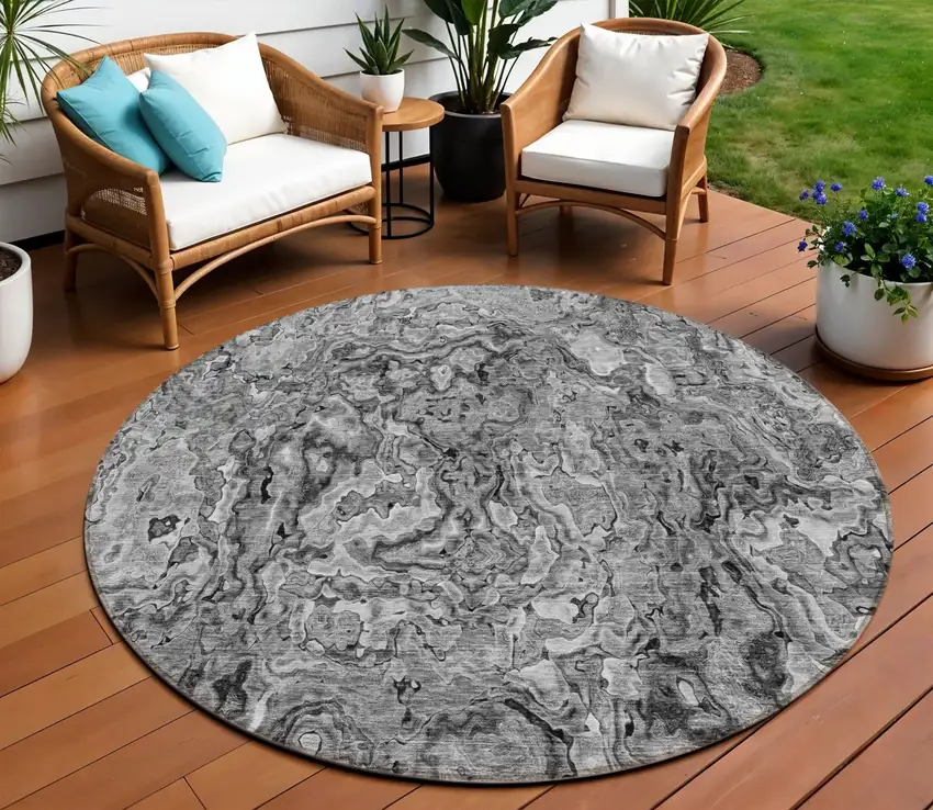 8' Gray Charcoal And Silver Round Abstract Washable Indoor Outdoor Area Rug Photo 1