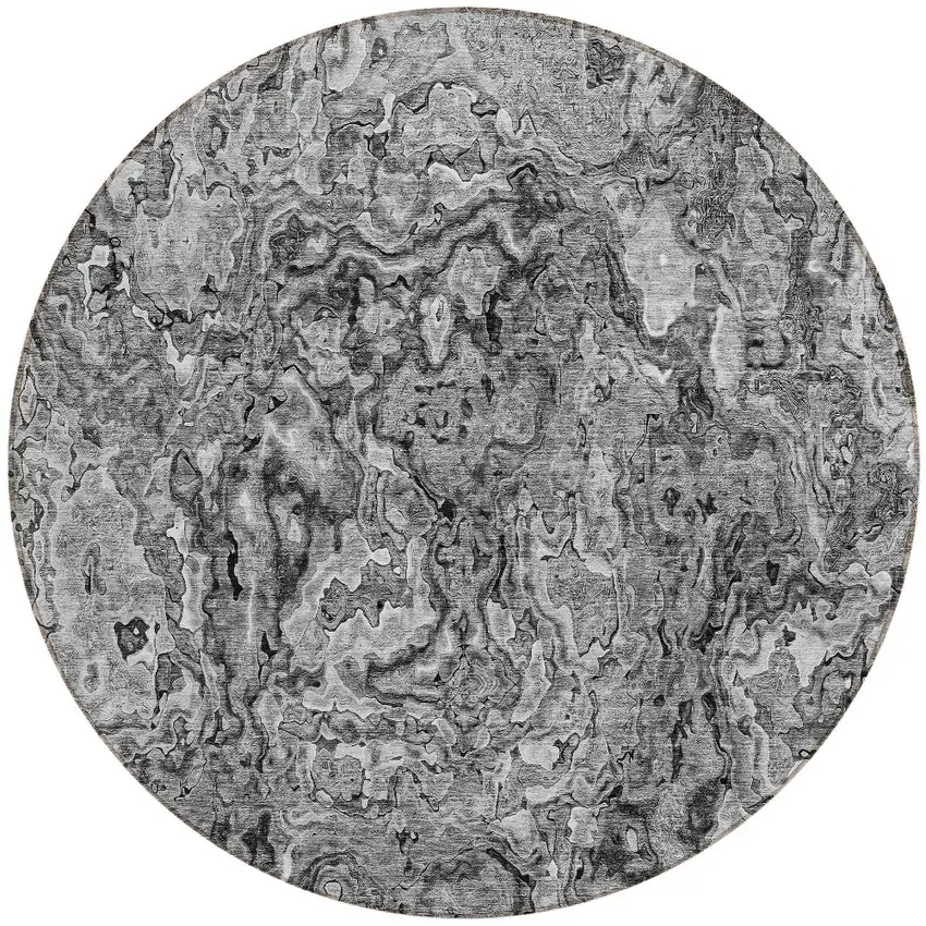 8' Gray Charcoal And Silver Round Abstract Washable Indoor Outdoor Area Rug Photo 5
