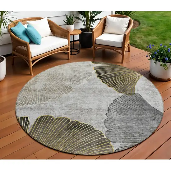 8' Gray Charcoal And Silver Round Floral Washable Indoor Outdoor Area Rug Photo 1