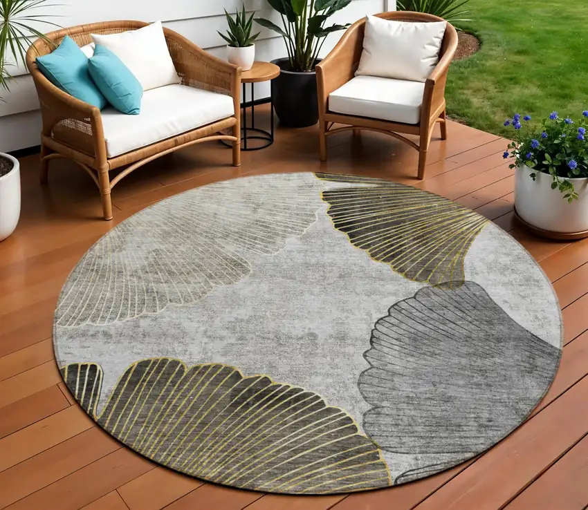 8' Gray Charcoal And Silver Round Floral Washable Indoor Outdoor Area Rug Photo 1