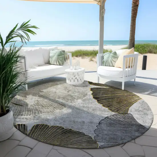 8' Gray Charcoal And Silver Round Floral Washable Indoor Outdoor Area Rug Photo 6