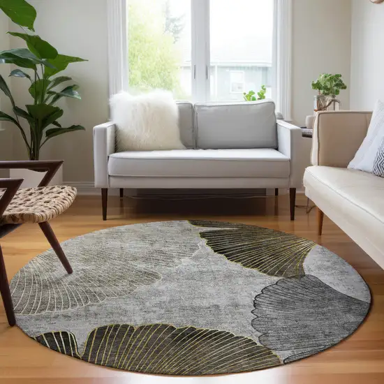 8' Gray Charcoal And Silver Round Floral Washable Indoor Outdoor Area Rug Photo 7