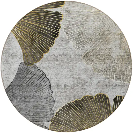 8' Gray Charcoal And Silver Round Floral Washable Indoor Outdoor Area Rug Photo 5