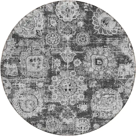 8' Gray Charcoal And Silver Round Floral Washable Indoor Outdoor Area Rug Photo 1