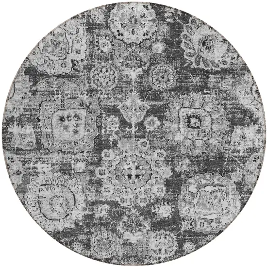 8' Gray Charcoal And Silver Round Floral Washable Indoor Outdoor Area Rug Photo 1