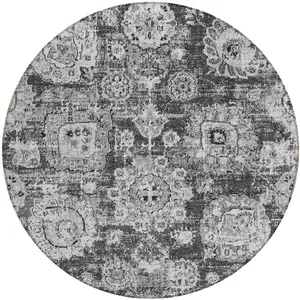 Photo of 8' Gray Charcoal And Silver Round Floral Washable Indoor Outdoor Area Rug