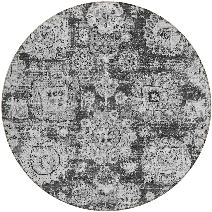 8' Gray Charcoal And Silver Round Floral Washable Indoor Outdoor Area Rug Photo 1