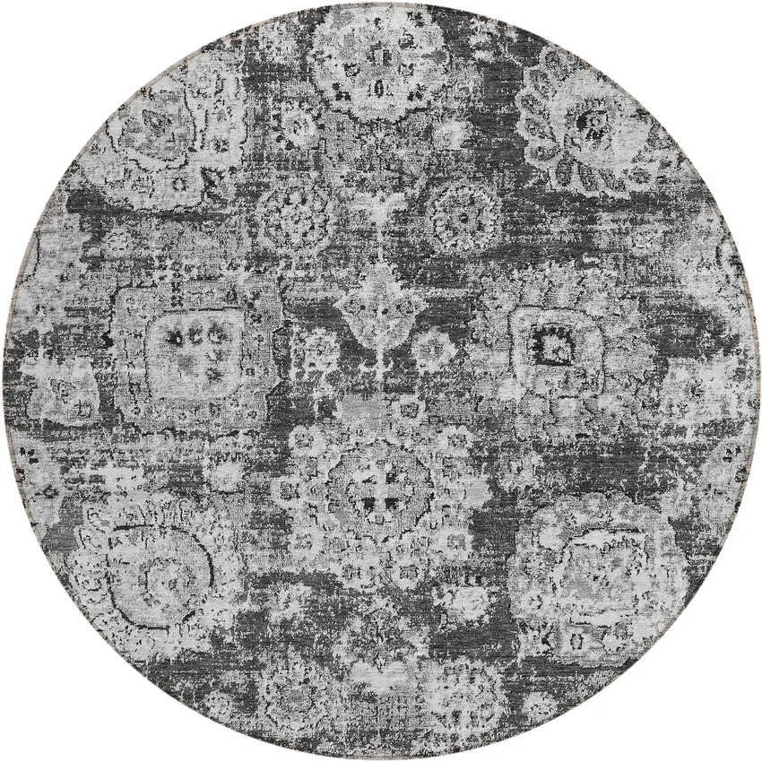 8' Gray Charcoal And Silver Round Floral Washable Indoor Outdoor Area Rug Photo 1