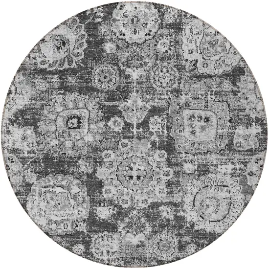 8' Gray Charcoal And Silver Round Floral Washable Indoor Outdoor Area Rug Photo 5