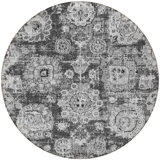 8' Gray Charcoal And Silver Round Floral Washable Indoor Outdoor Area Rug Photo 5