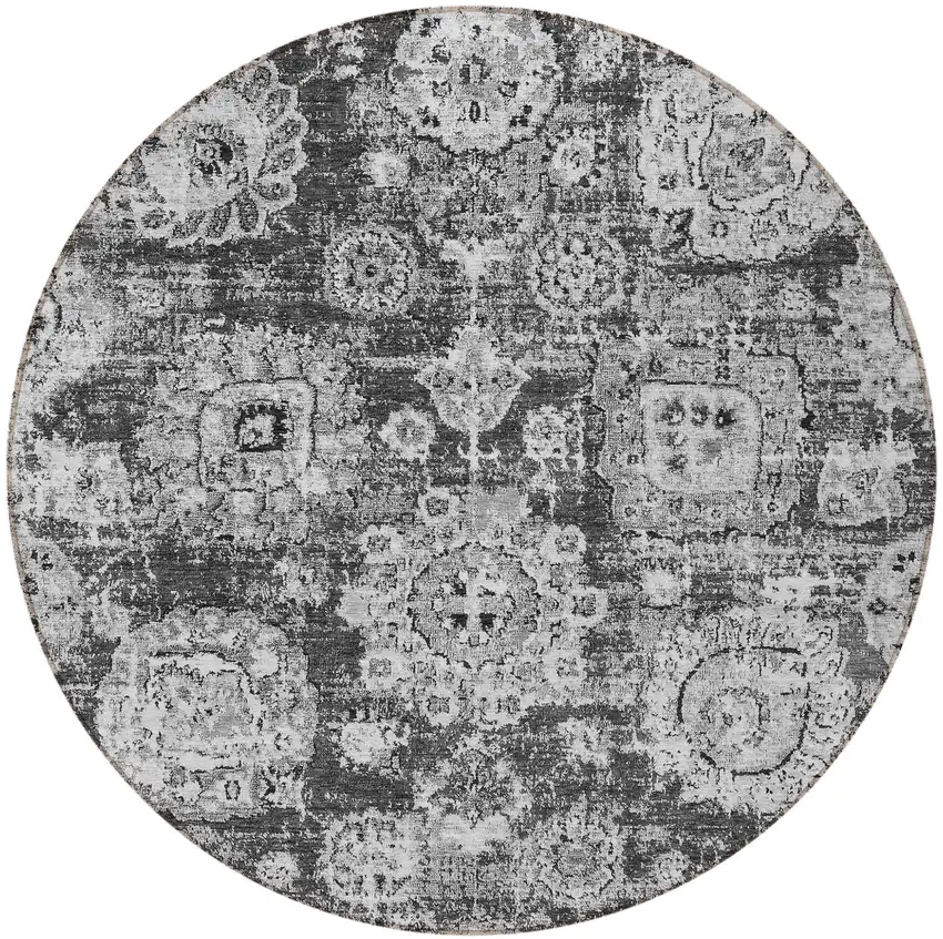 8' Gray Charcoal And Silver Round Floral Washable Indoor Outdoor Area Rug Photo 5