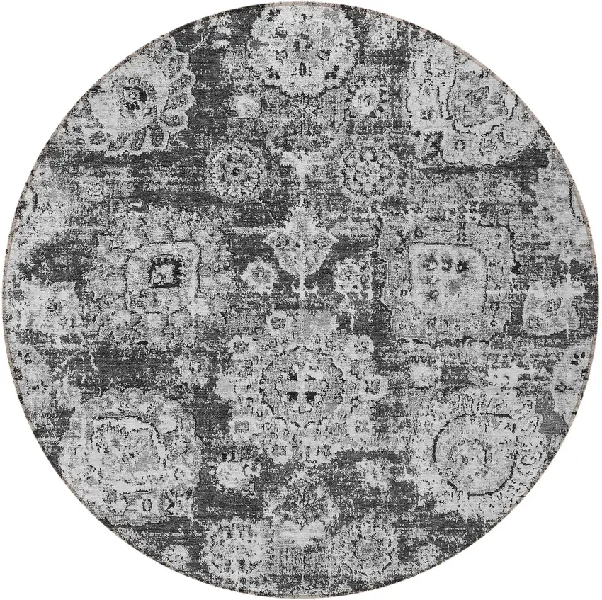 8' Gray Charcoal And Silver Round Floral Washable Indoor Outdoor Area Rug Photo 5