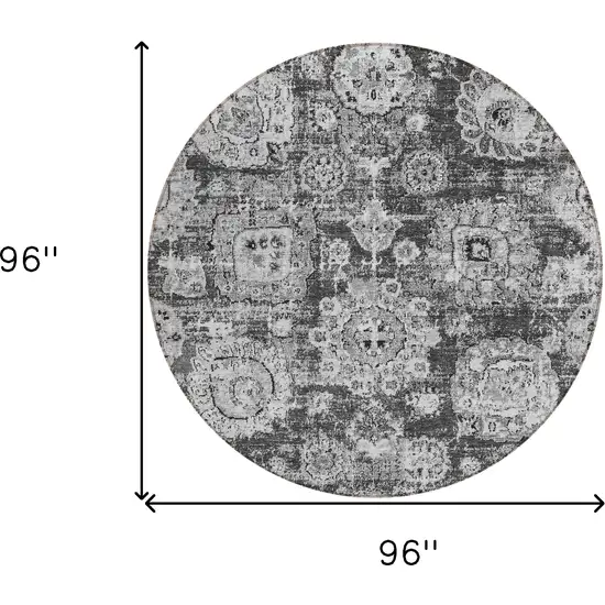 8' Gray Charcoal And Silver Round Floral Washable Indoor Outdoor Area Rug Photo 8