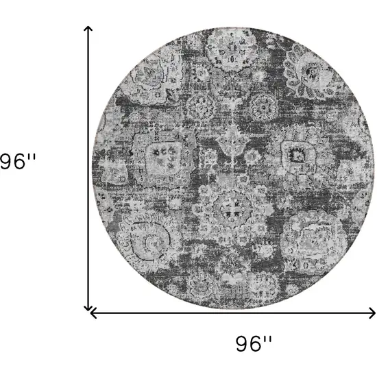 8' Gray Charcoal And Silver Round Floral Washable Indoor Outdoor Area Rug Photo 8