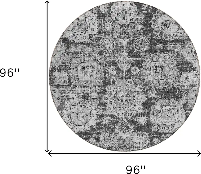 8' Gray Charcoal And Silver Round Floral Washable Indoor Outdoor Area Rug Photo 8