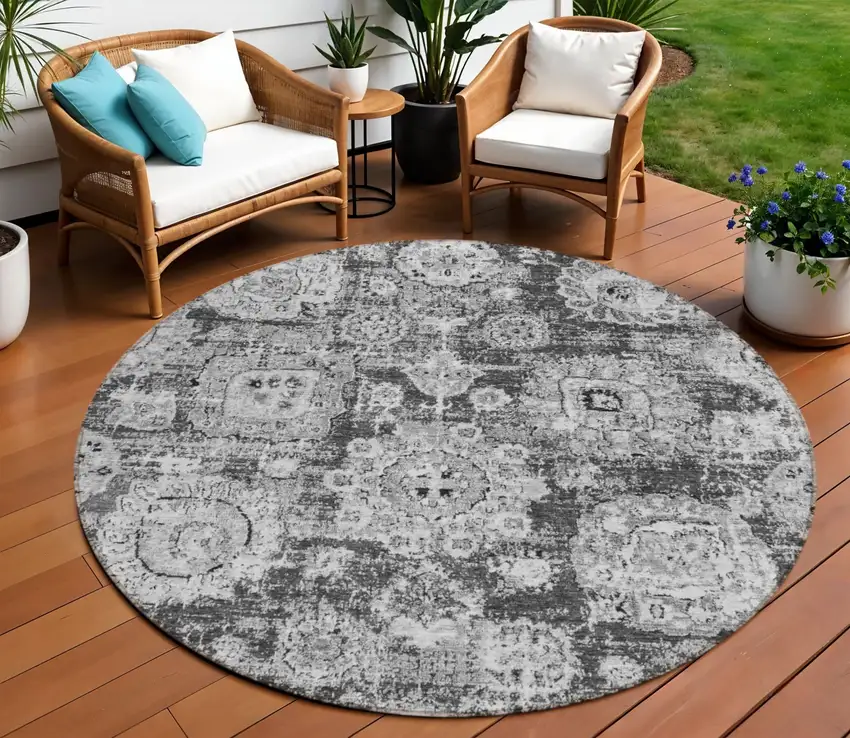8' Gray Charcoal And Silver Round Floral Washable Indoor Outdoor Area Rug Photo 1