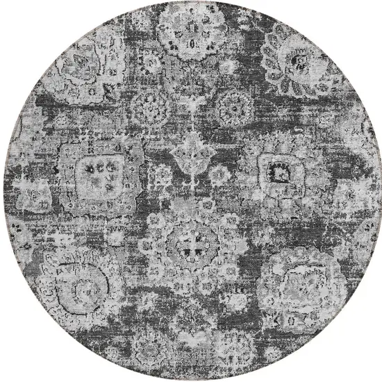 8' Gray Charcoal And Silver Round Floral Washable Indoor Outdoor Area Rug Photo 4