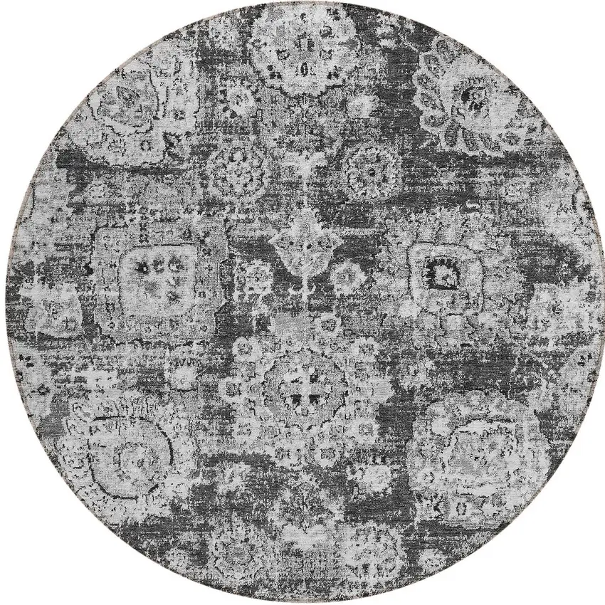8' Gray Charcoal And Silver Round Floral Washable Indoor Outdoor Area Rug Photo 4