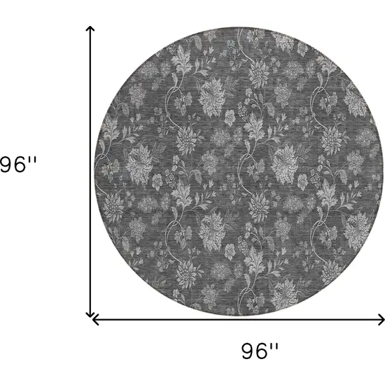 8' Gray Charcoal And Silver Round Floral Washable Indoor Outdoor Area Rug Photo 3