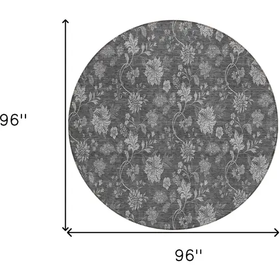 8' Gray Charcoal And Silver Round Floral Washable Indoor Outdoor Area Rug Photo 3