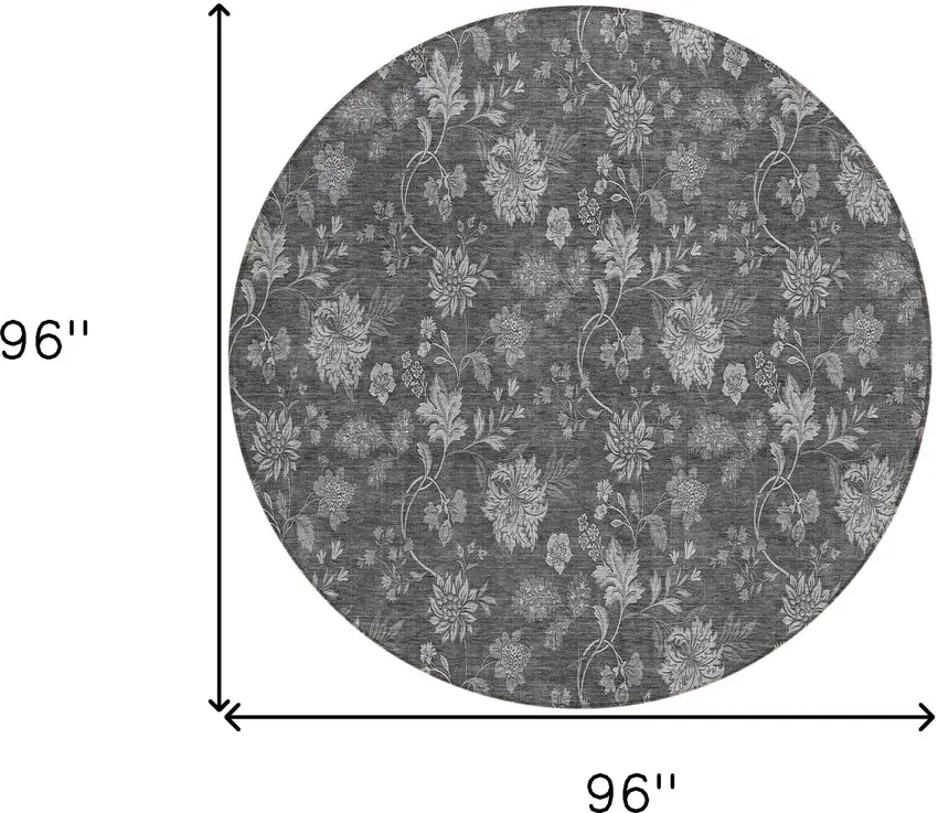 8' Gray Charcoal And Silver Round Floral Washable Indoor Outdoor Area Rug Photo 3