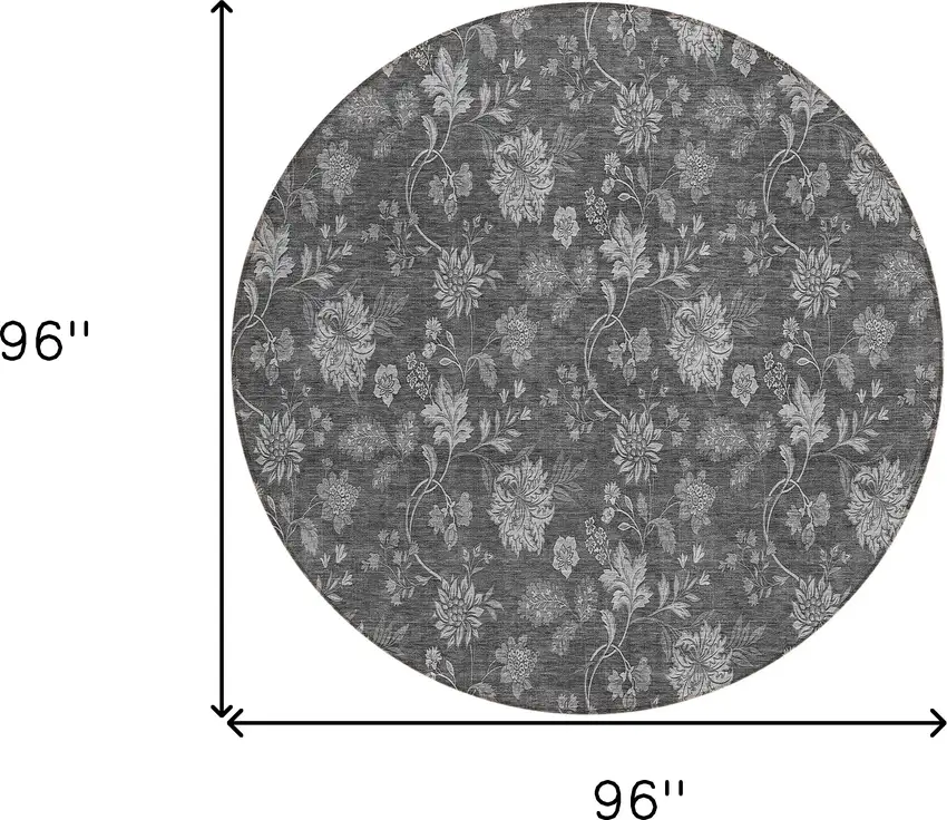 8' Gray Charcoal And Silver Round Floral Washable Indoor Outdoor Area Rug Photo 3