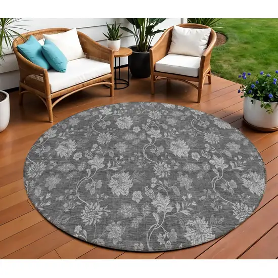 8' Gray Charcoal And Silver Round Floral Washable Indoor Outdoor Area Rug Photo 1