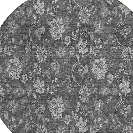 8' Gray Charcoal And Silver Round Floral Washable Indoor Outdoor Area Rug Photo 4