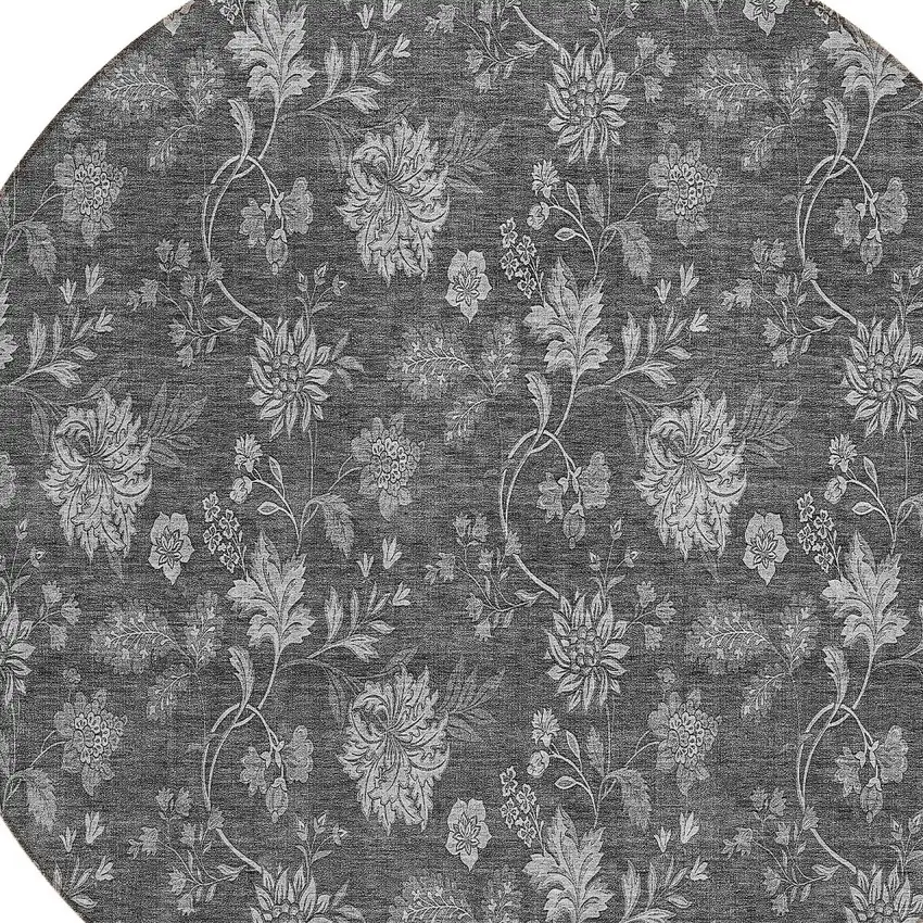 8' Gray Charcoal And Silver Round Floral Washable Indoor Outdoor Area Rug Photo 4