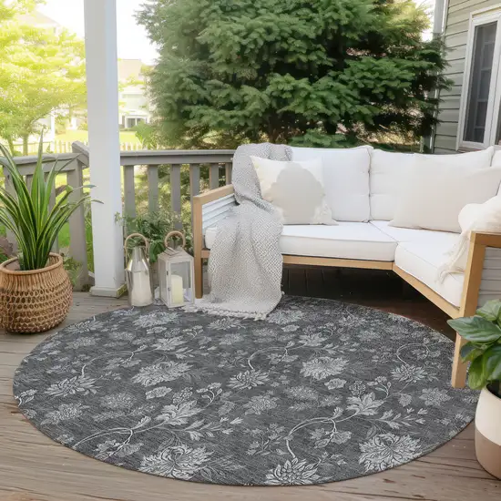 8' Gray Charcoal And Silver Round Floral Washable Indoor Outdoor Area Rug Photo 6