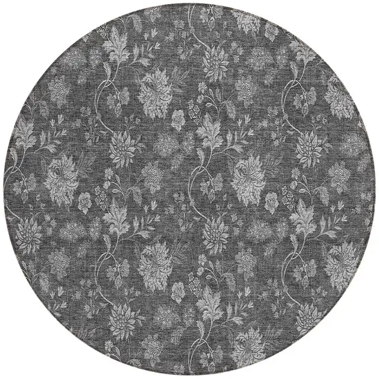 8' Gray Charcoal And Silver Round Floral Washable Indoor Outdoor Area Rug Photo 5