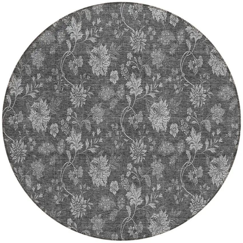 8' Gray Charcoal And Silver Round Floral Washable Indoor Outdoor Area Rug Photo 5
