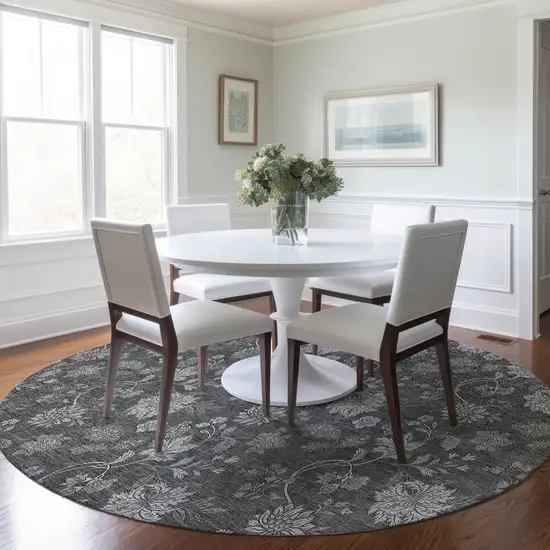 8' Gray Charcoal And Silver Round Floral Washable Indoor Outdoor Area Rug Photo 7