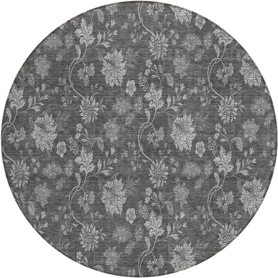 8' Gray Charcoal And Silver Round Floral Washable Indoor Outdoor Area Rug Photo 2