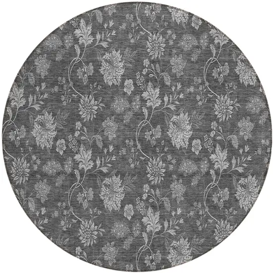8' Gray Charcoal And Silver Round Floral Washable Indoor Outdoor Area Rug Photo 2
