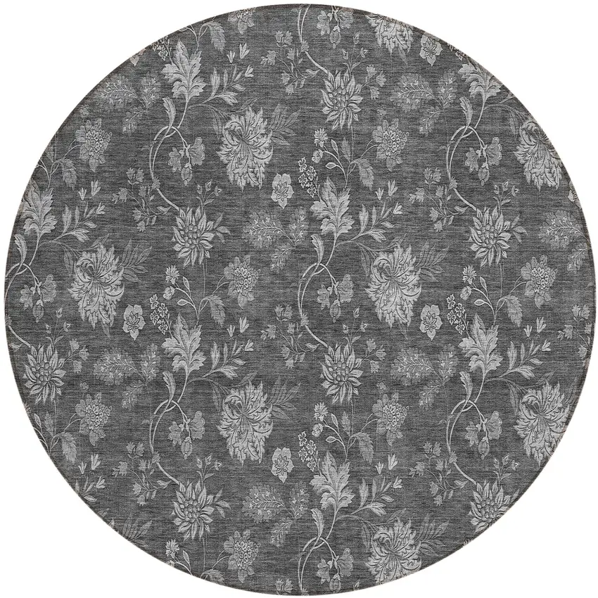 8' Gray Charcoal And Silver Round Floral Washable Indoor Outdoor Area Rug Photo 2