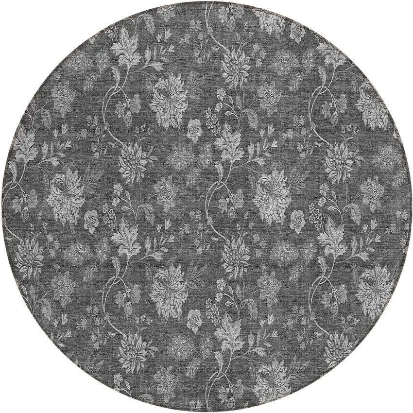 8' Gray Charcoal And Silver Round Floral Washable Indoor Outdoor Area Rug Photo 2