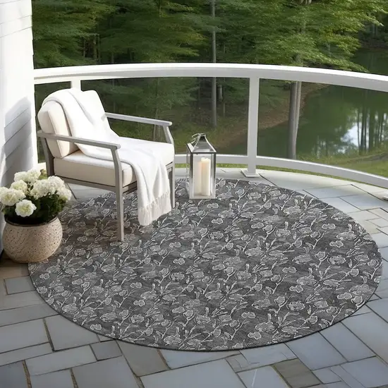 8' Gray Charcoal And Silver Round Floral Washable Indoor Outdoor Area Rug Photo 6